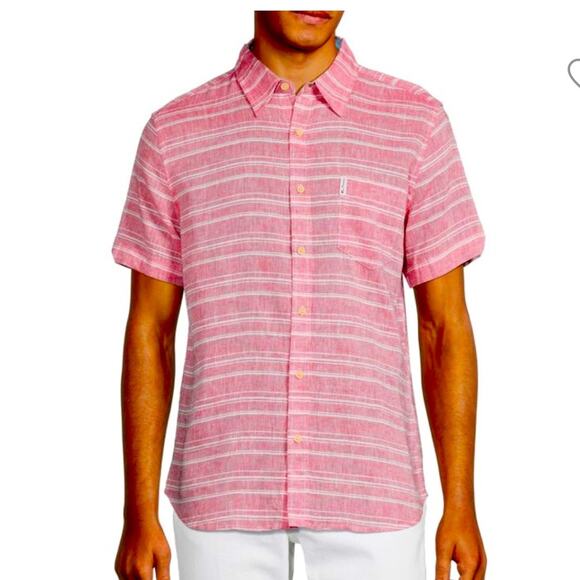 Ben Sherman Pink Striped Casual Button-Down Shirt Linen Blend Size Large - Picture 12 of 12